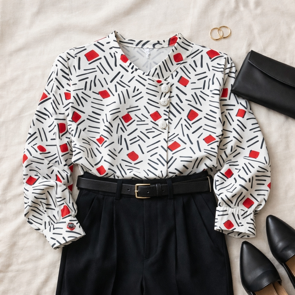 Vintage Alfred Dunner Abstract Geometric Blouse Pearl Detail 80s 90s